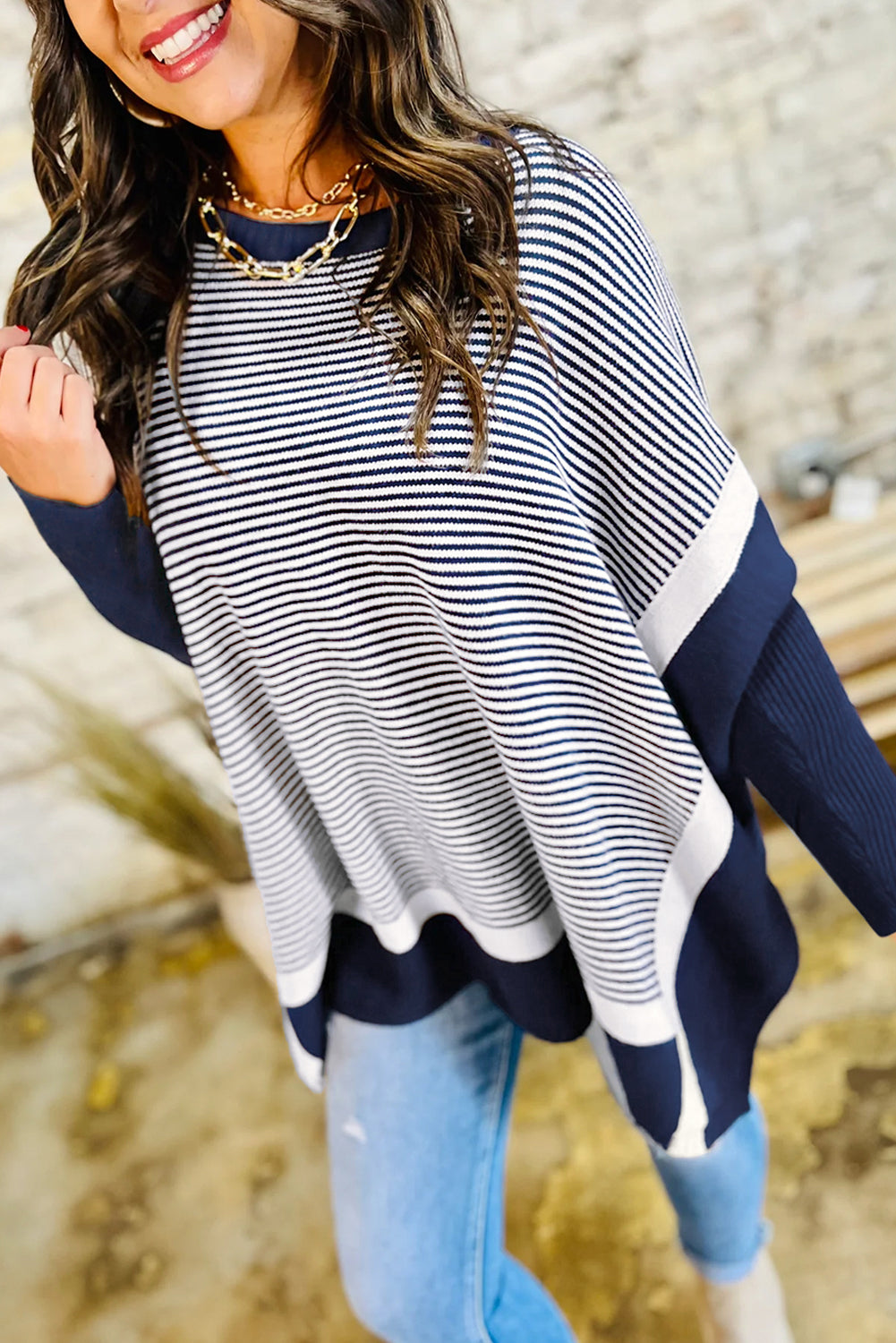 Blue Stripe Color Block Patchwork Dolman Oversize Tunic Sweater
