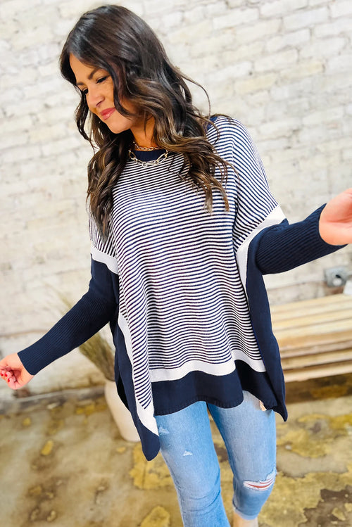 Blue Stripe Color Block Patchwork Dolman Oversize Tunic Sweater
