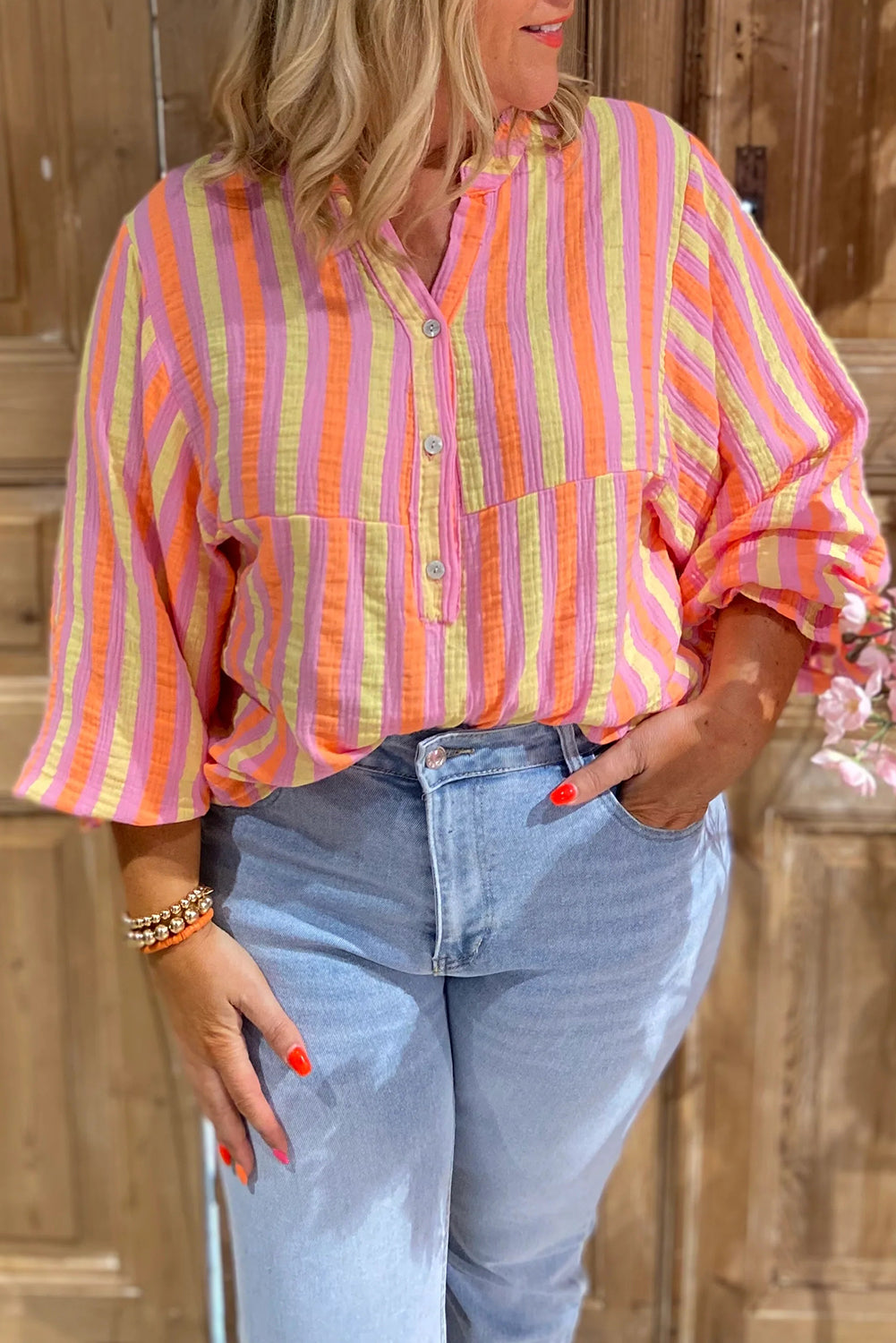 Pink Stripe Crinkled Half Buttons V Neck Plus Size Blouse