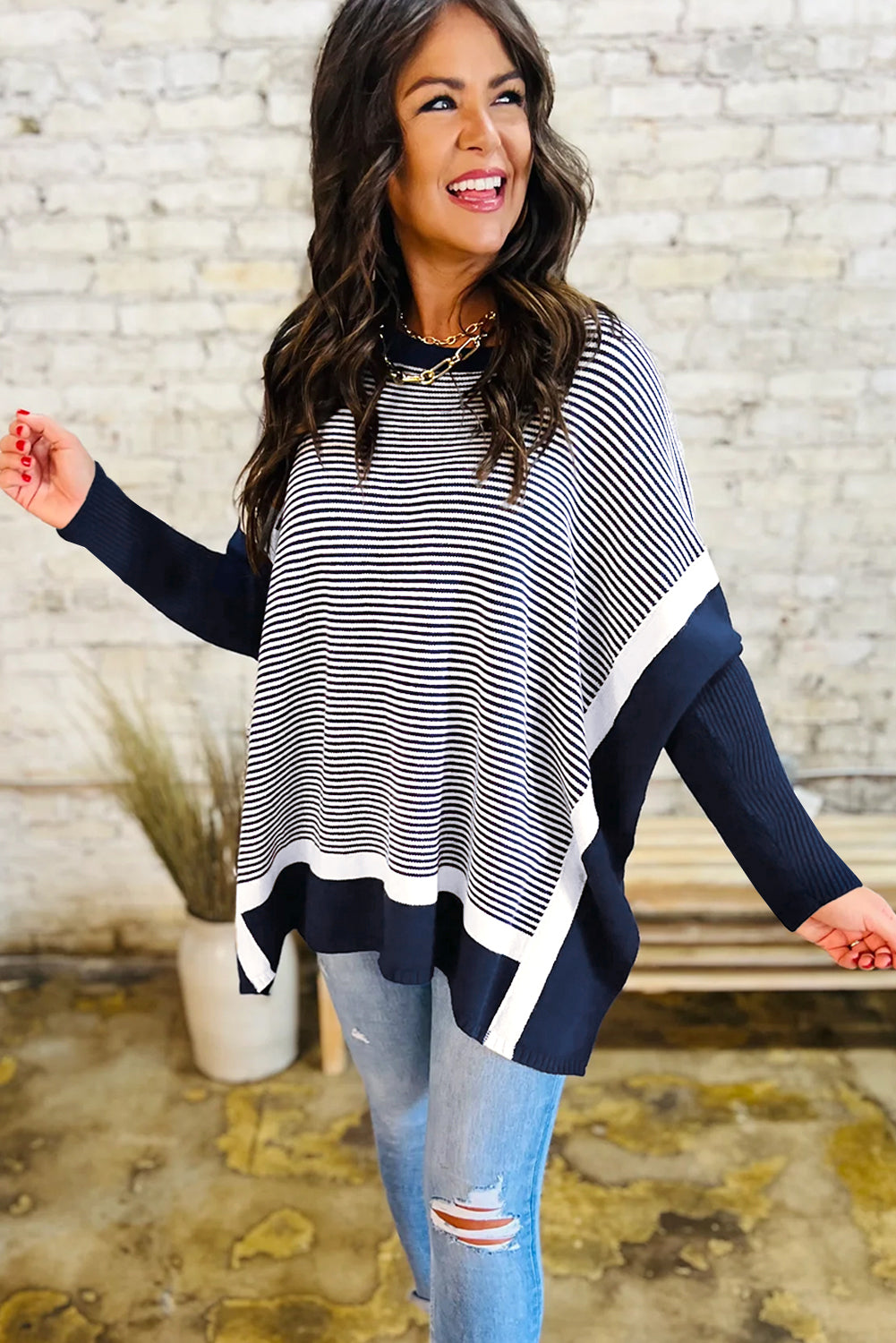 Blue Stripe Color Block Patchwork Dolman Oversize Tunic Sweater
